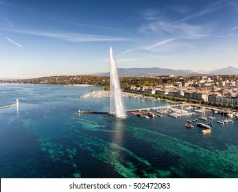 Aerial view of Geneva and the Jet D'Eau fountain