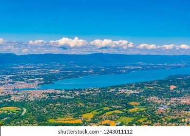 Aerial view of Geneva and Geneva lake from Mont Saleve, Switzerland