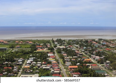 Aerial View To Georgetown City The Capital Of Guyana And Atlantic Ocean