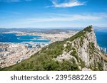 Aerial view of Gibraltar, Algeciras Bay and La Linea de la Concepcion from the Upper Rock. View on coastal city from above.