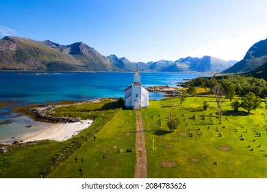 Aerial View Of Gimsoy Church And Cemetery On Lofoten Islands In Norway