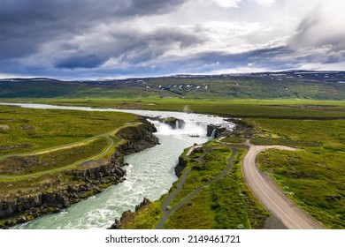 Aerial view of the Godafoss waterfall in Iceland. Godafoss means the waterfall of the gods in icelandic.