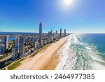 An aerial view of the Gold Coast beach and skyline on a sunny day
