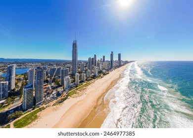 An aerial view of the Gold Coast beach and skyline on a sunny day - Powered by Shutterstock