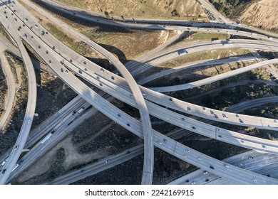 Aerial view of the Golden State 5 and Antelope Valley 14 freeway interchange ramps near Los Angeles County, California.