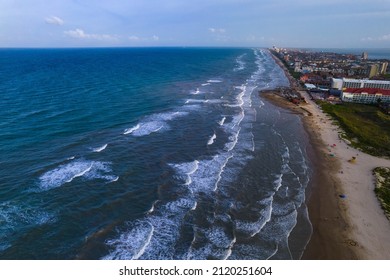 Aerial View Of Gorgeous Waves Crashing On A Sandy Paradise Beach On South Padre Island  , Texas , USA