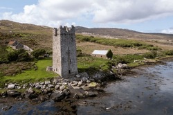 Aerial View Of Grace O'Malley's Towerhouse, Kildavnet Tower. Achill Island.