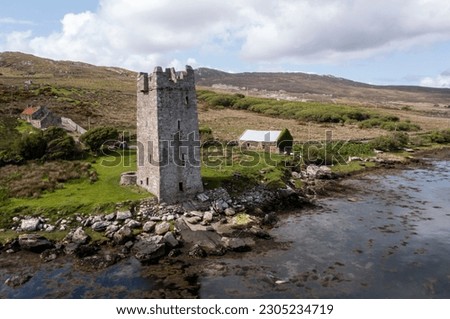 Aerial view of Grace O'Malley's Towerhouse, Kildavnet Tower. Achill island.