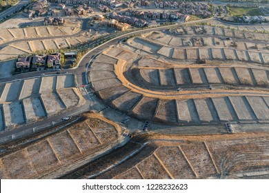 Aerial View Of Graded Dirt Lots Ready For New Home Construction.  