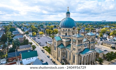 Aerial View of Grand Cathedral with Green Dome in Suburban Milwaukee