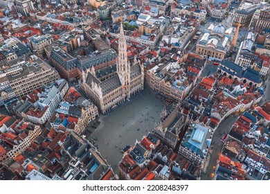 Aerial view of Grand Place square and Town Hall (Hôtel de Ville de Bruxelles). Sunset cityscape of the City of Brussels, Belgium - Shutterstock ID 2208248397