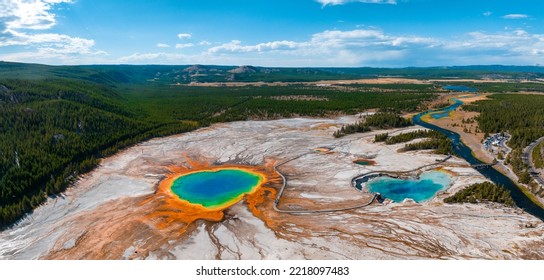 Aerial view of Grand Prismatic Spring in Midway Geyser Basin, Yellowstone National Park, Wyoming, USA. It is the largest hot spring in the United States - Powered by Shutterstock