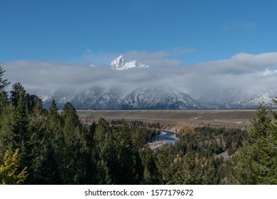 Aerial View Of Grand Teton National Park's Snake River With Mountains.