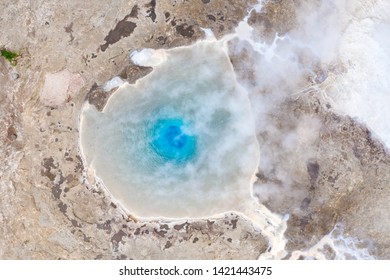 Aerial View Of The Great Geyser, Geysir In Iceland By Drone