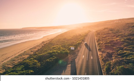 Aerial View Of Great Ocean Road At Sunset, Victoria, Australia