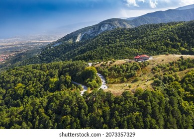 Aerial view of Greece mountains, road to Mount Olympus. Stavros Refuge Shelter
