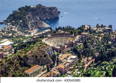 Aerial view of the Greek Theatre of Taormina Sicily - Shutterstock ID 430565080
