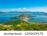 Aerial view of greek town Kastoria surrounded by Orestiada lake
