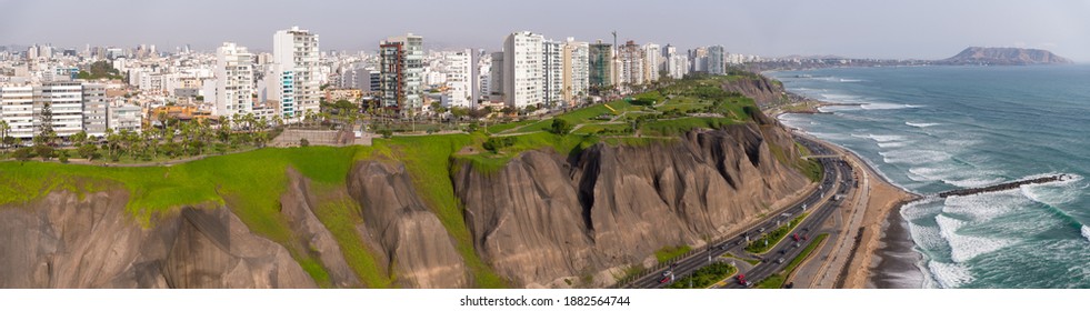 Aerial view of the Green coast of Lima at Miraflores district with view of the pacific ocean