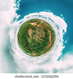 Aerial View Green Coniferous Forest Pines Woods Landscape In Sunny Spring Day. Top View Of Beautiful European Nature From High Attitude. Drone View. Bird's Eye View. Little Small Planet Concept