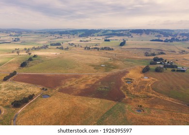 Aerial View Of Of Green Farmland In The Central Tablelands In Regional New South Wales In Australia