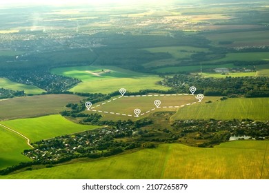 Aerial view of green field, position point and boundary line to show location and area. A tract of land for owned, sale, development, rent, buy or investment. - Shutterstock ID 2107265879