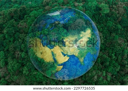 Aerial view of the green forest against the land. Demonstrates the concept of preserving the ecosystem and nature, air pollution and saving the planet.
