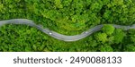 Aerial view green forest and asphalt road, Top view forest road going through forest with car adventure, Ecosystem ecology healthy environment road trip travel.