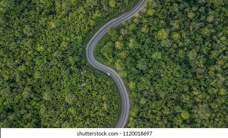 Aerial view of green forest asphalt road, Provincial road adventure passing through tropical rainforest with car, Ecosystem and ecology healthy environment concept, Thailand, Asian, Southeast Asia.