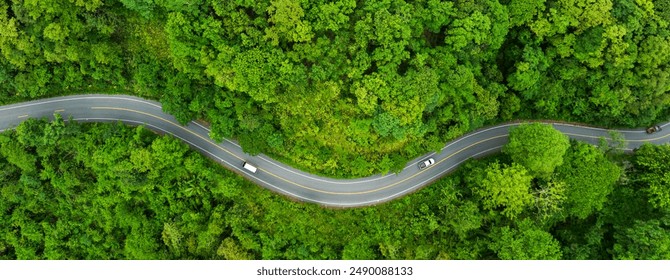 Aerial view green forest and asphalt road, Top view forest road going through forest with car adventure, Ecosystem ecology healthy environment road trip travel. - Powered by Shutterstock