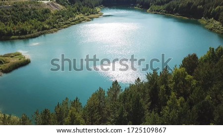 Aerial view of green forest and lake shore. Flying over breathtaking summer natural landscape with turquoise lake surrounded by pine tree forest.