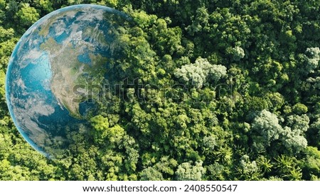Aerial view of green forests with earth, Green planet in your hands, Save Earth, Texture of forest view from above of healthy ecosystem and environment