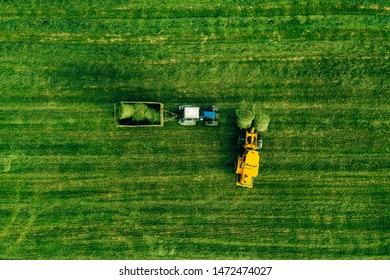 Aerial View Of Green Grass Harvest Field With Tractor Moving Hay Bale