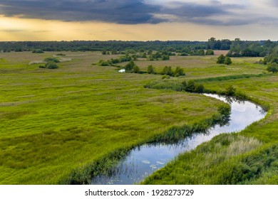 Aerial view of green grassland river valley of Westerstroom creek in Benneveld, Drenthe Province, the Netherlands.