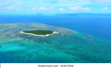 Aerial View Of Green Island Reef At The Great Barrier Reef Near Cairns In Tropical North Queensland, Australia. No People. Copy Space