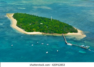 Aerial View Of Green Island Reef At The Great Barrier Reef Near Cairns In Tropical North Queensland, Queensland, Australia.