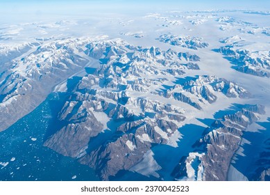 An aerial view of Green land with ice sheets. 