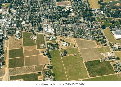 Aerial view of green rows of plants in farm fields, vineyards, and the agricultural towns of norther California - Powered by Shutterstock