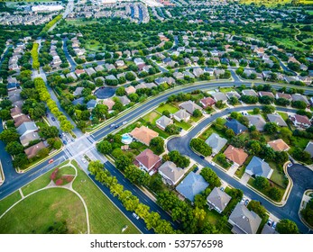 Aerial View Of Green Summer Time Landscape Austin Texas USA Homes And Suburbia Development Outside Of Round Rock In Central Texas