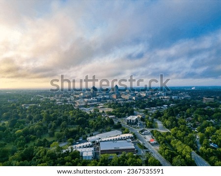 Aerial view of Greensboro, NC on a sunny summer morning just after sunrise