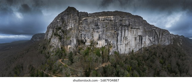 Aerial view of the Grotto of Maria Magdalena in France, Plan D'Aups, the massif St.Baum, holy fragrance, famous place among religious believers, the Monastery of Dominican Friars - Shutterstock ID 1687934887