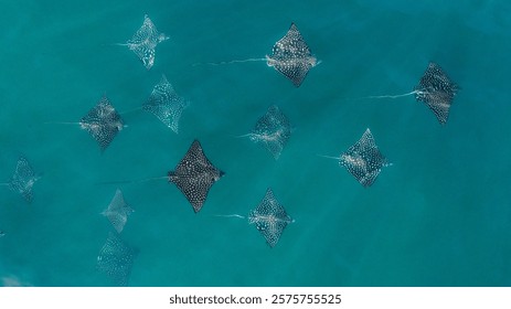 aerial view of a group of eagle rays, It includes shades of aqua, turquoise, and teal, evoking an underwater scene. The associated tags suggest themes of swimming, diving, and oceanic animals 