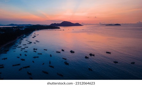Aerial view of habour boats are on the broad surface of the sea in morning - Shutterstock ID 2312064623