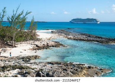 The Aerial View Of Half Moon Cay Rocky Beach And A Cruise Ship Drifting In A Background.