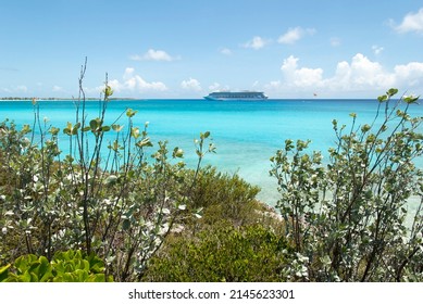 The Aerial View Of Half Moon Cay Coastline And A Cruise Ship In A Background (Bahamas).