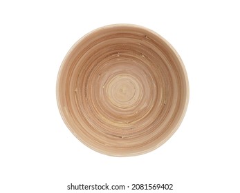 Aerial view of handmade bamboo bowl isolated. Close up of empty round container. Decor and kitchen crafts, utensils. Round natural wood bowl on white background. Handmade kitchen crafts, eco friendly. - Shutterstock ID 2081569402