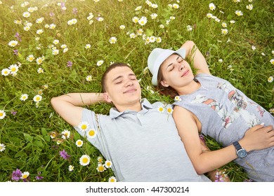 Aerial view of happy young couple in a chamomile meadow