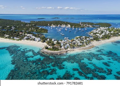 Aerial view the harbour  beach   lighthouse in Hope Town Elbow Cay off the island Abaco  Bahamas 