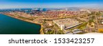 Aerial view of harbour cargo containers in Southern California port near the Long Beach district. LA.