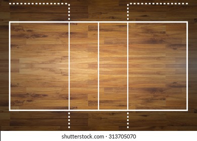 Aerial view of a hardwood volleyball court